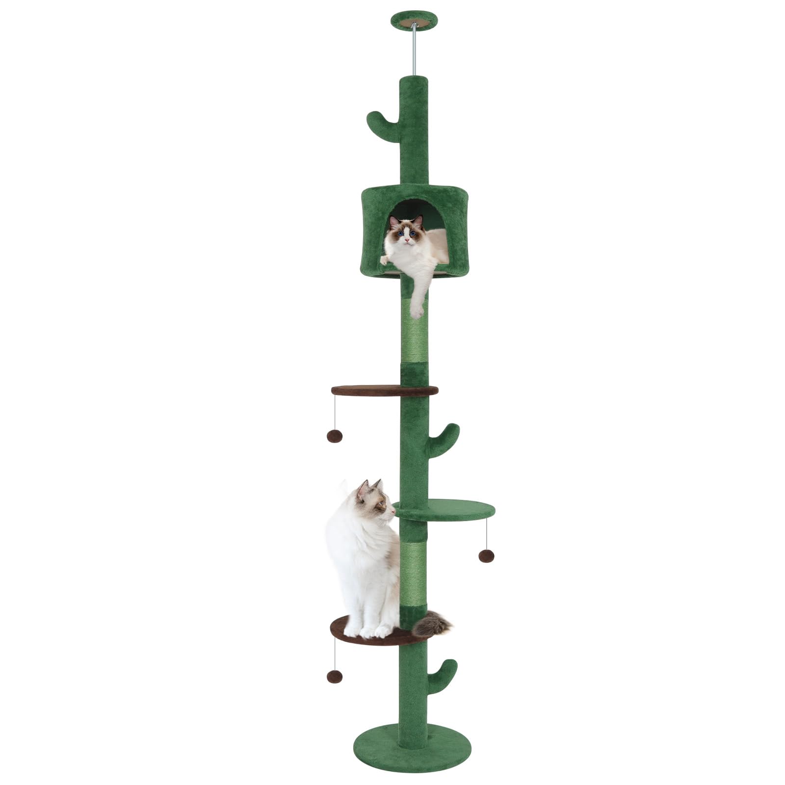 ARTETHYS Floor to Ceiling Cat Tree 260cm 5 Tiers Tall Cat Tower for Indoor Cats with Scratching Post Condo Platforms for Kittens Height Adjustable, Green