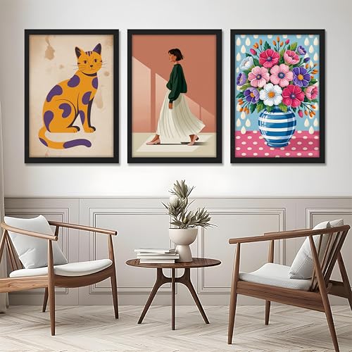 Image of NoWorries Modern Cat Illustration Wall Art Framed Painting Set of 3 | Minimalist Woman Portrait Prints with Frame | Colorful Floral Vase Artwork | Boho Scandinavian Home Decor Wall Frames for Living Room, Bedroom and Office Wall Gallery (Ready to Hang) (Art-12, 10x13inch, Wooden)