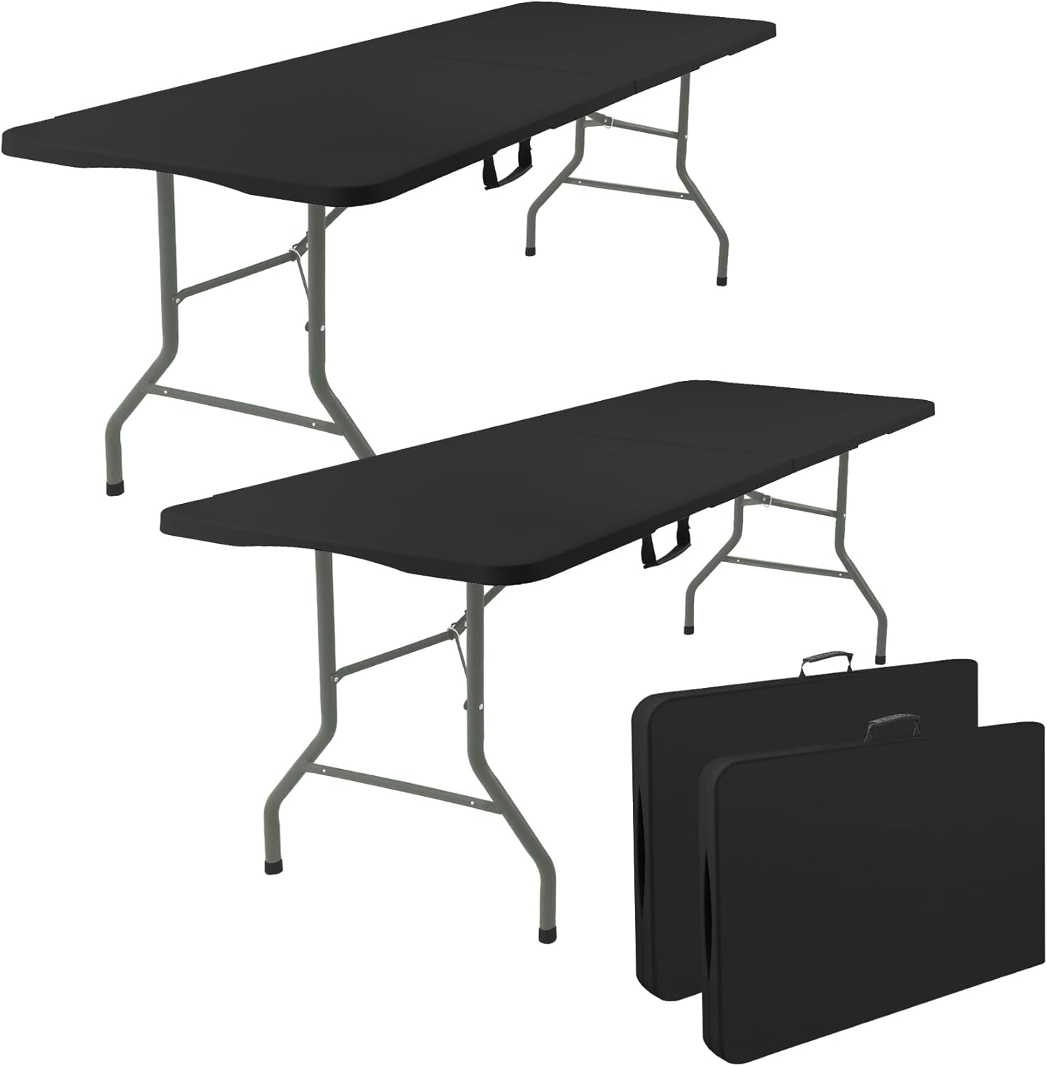 Fivenl 2 Pack 6 Feet Portable Folding Table Black, Steel Legs Fold-in-Half with Carrying Handle Rectangular Plastic Foldable Table for Party, Wedding, Camping, Picnic, Dining, Indoor Outdoor Events