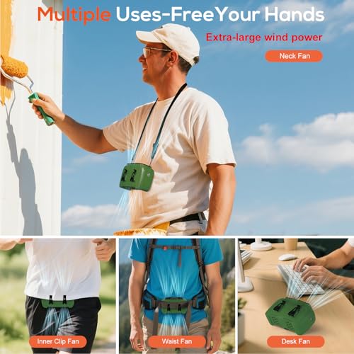 Image of Portable Waist Fan 16000mAh,Dual Brushless Motors,5 Speeds Belt Clip Fan Up to 25H Runtime,Wide-Range Airflow,3 Light Modes including SOS,Rechargeable Fan for Camping,Hiking, Fishing,Outdoor,Green