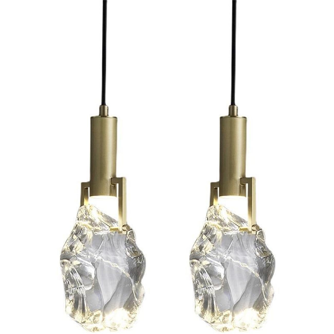 Diamond Crystal Pendant Light, LED Ceiling Hanging Light in Gold Brushed Brass Finish Crystal Hanging Light for Kitchen Island Bathroom Bedroom Bar,2PC