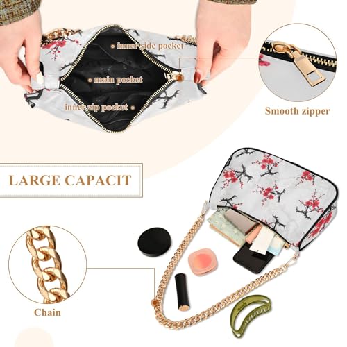 Zipper One Shoulder Purses Elegant Cherry Blossom Red Flowers Tote Handbag Cartoon Womens Hobo Clutch Purse with Chain Strap4