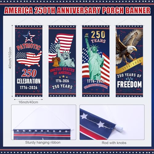 Image of Panelee 4 Pcs 250th Anniversary Banner Decoration Patriotic American Flag Porch Banner 250th Anniversary Hanging Backdrop for Independence Day 4th of July Wall Indoor Outdoor Decor