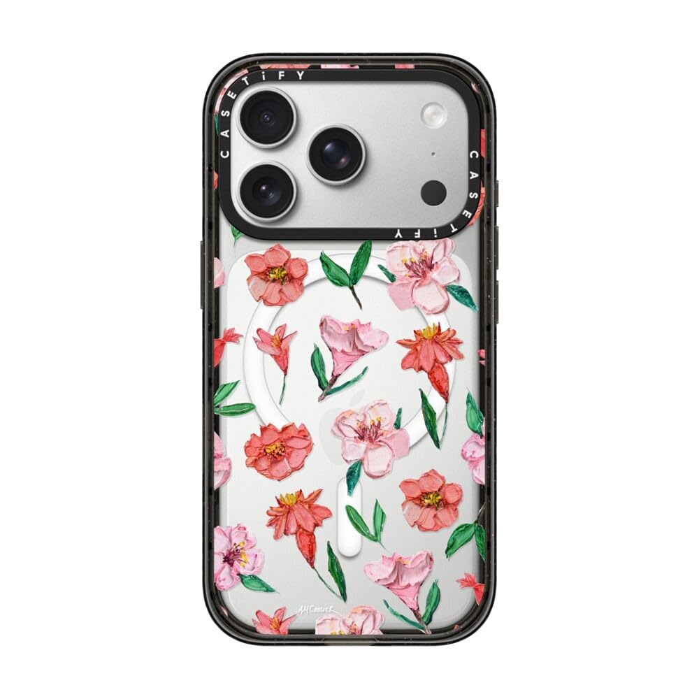 CASETiFY インパクト iPhone 17 Pro ケース [MagSafe対応/薄型 軽量/耐衝撃] - Peach & Coral Blooms - クリア ブラック