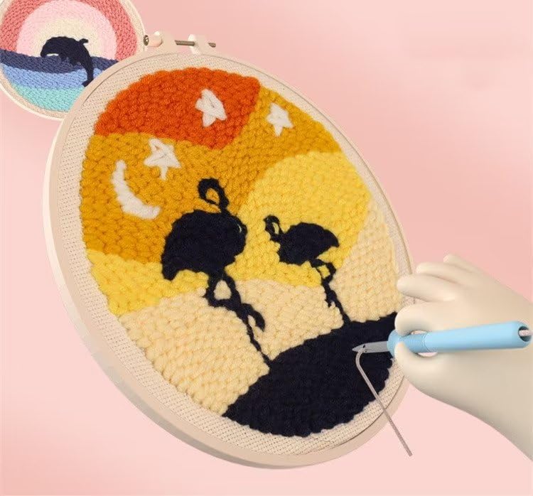 Punch Needle Kit Punch Needle Tool with Stamped Fabric, Hoops, Yarns and Punch Needle, Needle Punch Kit for Adults Beginner Dolphin