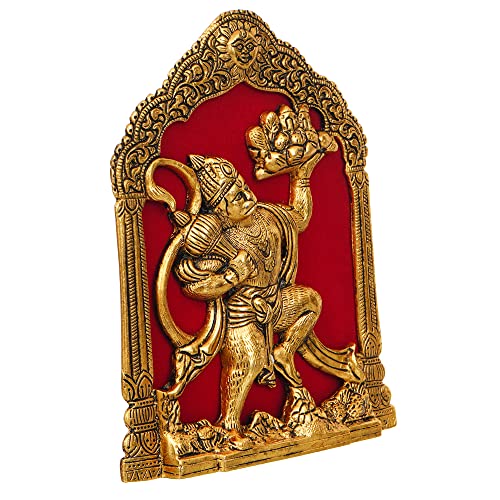 Image of JaipurCrafts Metal Lord Hanuman Idol Statue for Home and Office Decor | Hanuman Ji Bajrang Bali Ki Murti for Home and Office Temple (7 x 8.5 Inches, Gold) (hanuman Ji)