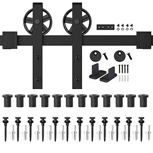 Winsoon 5-16Ft Single Wood Sliding Barn Door Hardware Basic Black Big Spoke Wheel Roller Kit Garage Closet Carbon Steel Flat Track System (16Ft) #TOP5
