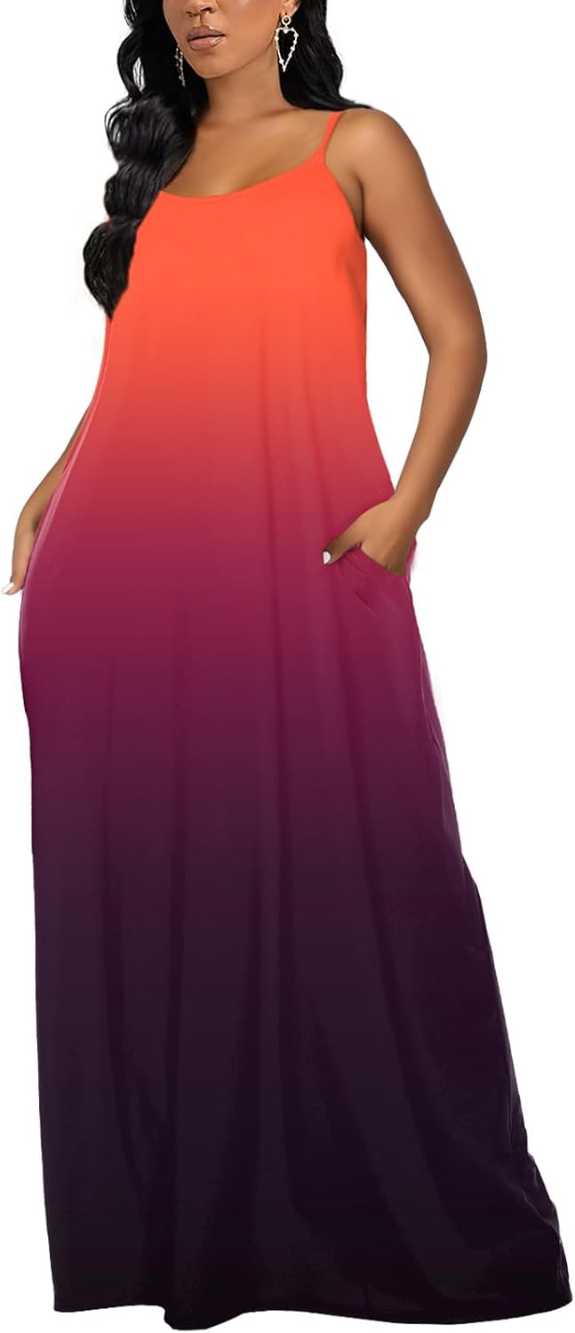 OFEEFAN Women's Maxi Dresses Summer Spaghetti Strap Dress with Pockets - Image 2