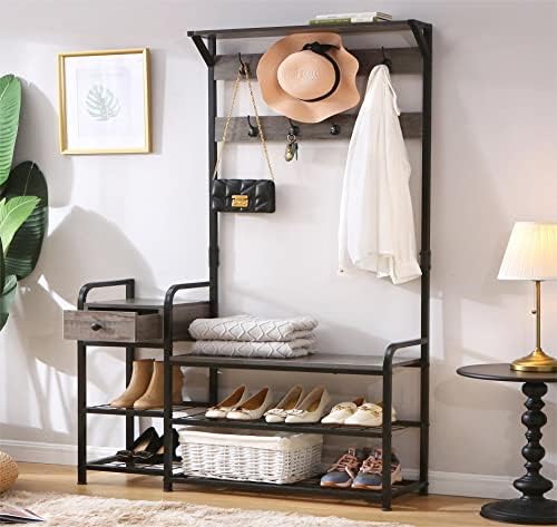 JUNZYOUY 5 in 1 Entryway Coat Rack Shoe Bench，Hall Tree with Bench, Entryway Bench with Coat Rack, with Shoe Rack, Storage Drawer, 9 Hooks, Coat Rack with Bench, Rustic Grey.