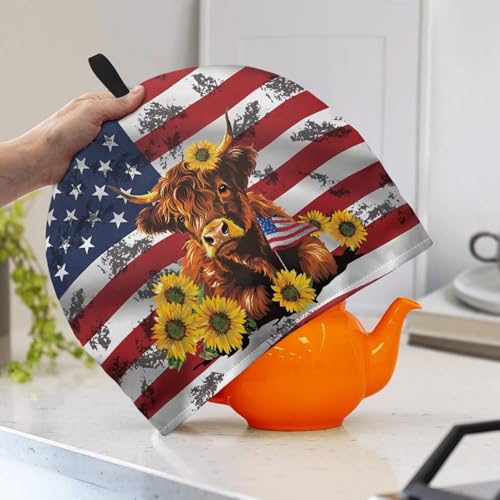 Image of American Flag Highland Cow Tea Pot Cozy for Teapot Insulated Tea Pot Cozies Kettle Quilt Keeping Warm Dust Proof Teapot Cover for July 4th Independence Day Decor