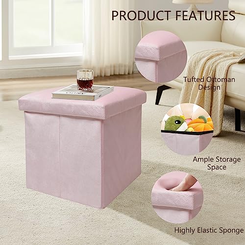 Babion Velvet Storage Ottoman Cube, Folding Tufted Ottoman with Storage Square, Small Foot Rest Ottoman with Foam Padded Seat, Pink 12 Inches