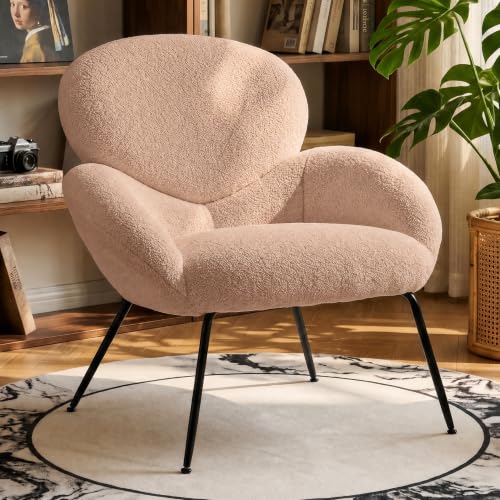 Image of Boucle Accent Chair with Cloud Backrest for Small Space, Camel | Small Reading Chair with Soft Textured Boucle Fabric, Modern Style, Comfy Cloud Backrest for Living Room, Bedroom, Cafe