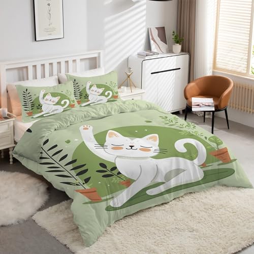 Housse de couette 220x240 chat vert avec 2 taies d'oreiller microfibre