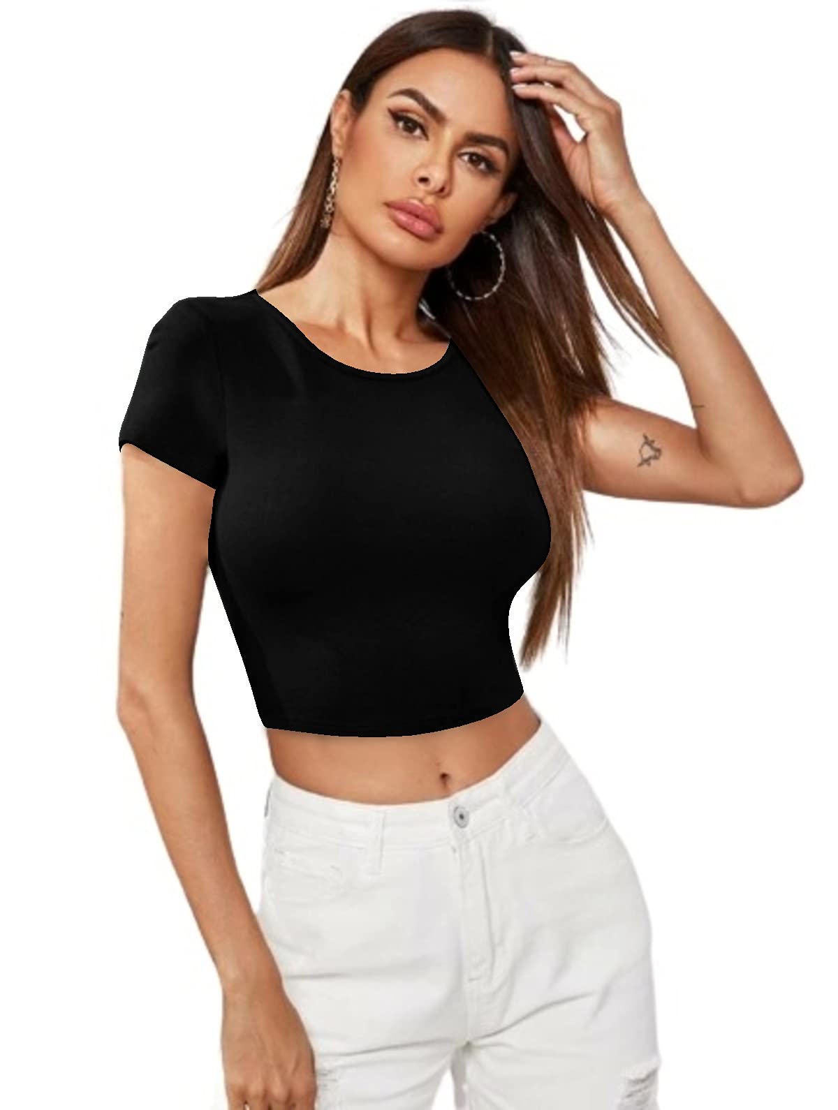 dream beauty fashion Women's Casual Short Sleeves Round Neck Crop Top Polyster Blend (17" Inches)-picture-23
