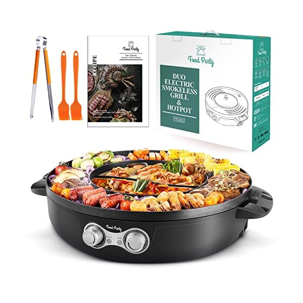 Food Party DUO Electric Smokeless Grill and Hot Pot, With Separable Cooking Plate, Deluxe Combo of 1 Recipe Book, 1 Tong, 1 Oil Brush, 1 Pack of Parchment Paper, for Hotpot KBBQ, Barbecue & Grill