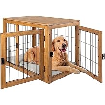 Furniture-Style Dog Crate - Acacia Wood Kennel for Large Dogs with Double Doors and Cushion - Dog Kennel Furniture by PETMAKER Natural