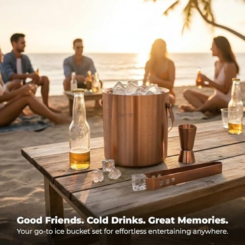 Image of O' Holic by Perch Ice Bucket Trio Stainless Steel - Double Wall Ice Bucket 1.5 Litre with Lid, Ice Tongs & 30 /60 ml Jigger | Insulated Cocktail Barware for Home, Parties & Gifting|Rose Gold