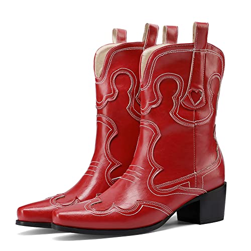 Image of Womens Embroidered Cowgirl Boots Pull On Cowboy Boots for Women Floral Low Chunky Heel Western Boots