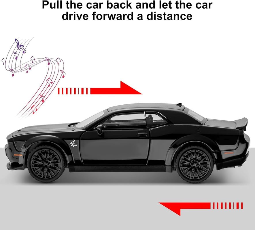 Image of Invite Enterprise 1:24 Dodge Challenger SRT Exclusive Alloy Metal Pull Back Die-cast Car Model with Sound Light Mini Auto Toy for Kids Metal Model Toy Car with Sound and Light(Black)