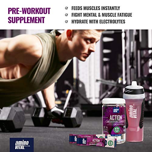 Amino Vital Action- Bcaa Amino Acids Pre Workout Packets With Electrolytes For Energy | No Caffeine, Keto, Vegan Supplement | 14 Single Serve | Grape #TOP4