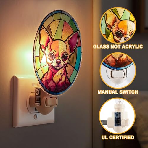 Image of Dog Night Light Chihuahua, Stained Glass Styled Plug-in Wall Nightlight, Bulb Included, Pet Memorial Dog Lover Gift, Bedroom Hallway Bathroom Decor, Manual On /Off Switch