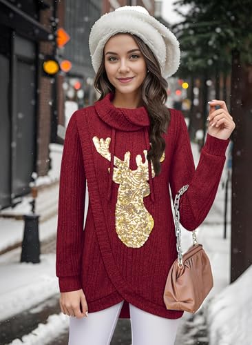 Image of Bulotus Tunic Sweaters for Women 2025 Turtleneck Sweater Pullover Lightweight Warm Tunic Tops for Leggings Loose Fit
