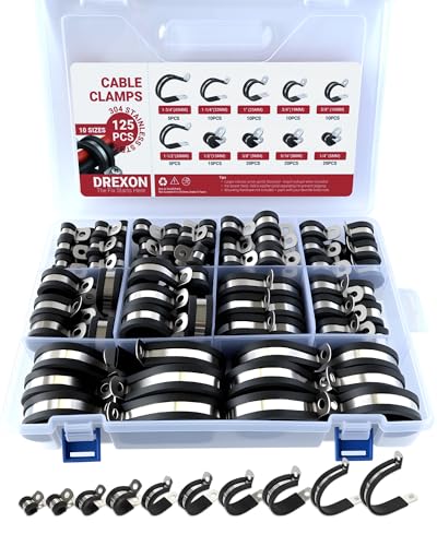 125PCS Satinless Steel Cable Clamps Assortment Kit Rubber Coated Cushioned Insulated Cable Clamp P Clamp 10 Sizes from 1/4 3/8 to 5/8 & 1-3/4 for Metal Wire Clamp Pipe Clamp Hose Clamps