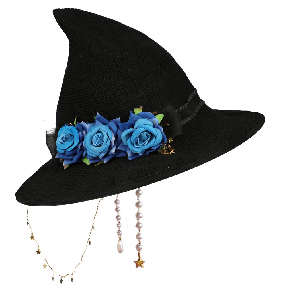 HKSICHENGKEJIUK Halloween Witch Hat With Rose Bow - Women Pointed Wide Brim Costume Accessory - Gothic Knitted Cap Headwear for Carnival Cosplay Party Fancy Dress