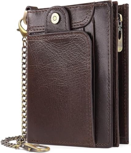 Real Leather Wallet for Men Bifold RFID Blocking with Chain Coffee (1-Coffee)