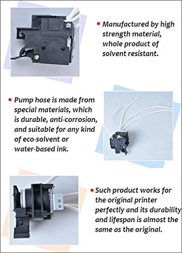 Diagram illustrating key features of the ink pump: high strength material, solvent resistance, durable pump hose, and compatibility with original printer specifications.