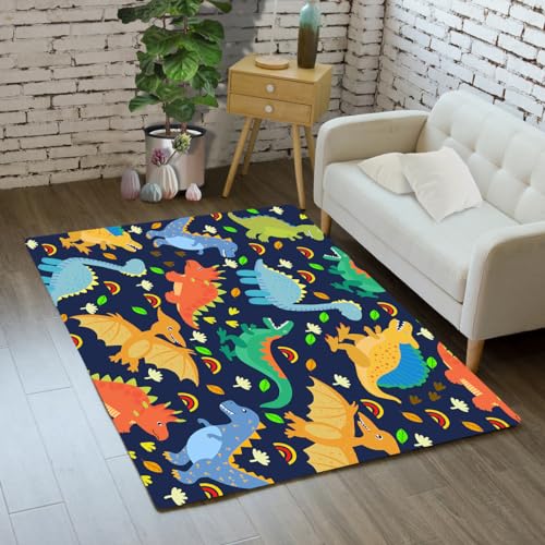 Lovely Navy Blue Dinosaurs Area Rugs Lovely Dinosaur Rugs for Boys Navy Blue Cute Animal Patterns Carpets Dinosaur Rugs for Boys Bedroom Living Dinning Room Bedroom Kitchen Playing Room, 2'5''×4'