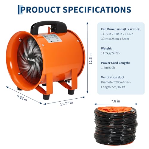 Ventilador Extractor Industrial Portátil de 8 pulgadas, con Manguera Flexible de 16,4 pies, Ventilador de Extracción/Aire para Sótanos, Talleres y Almacenes, 1100 CFM y Bajo Ruido miniatura 2