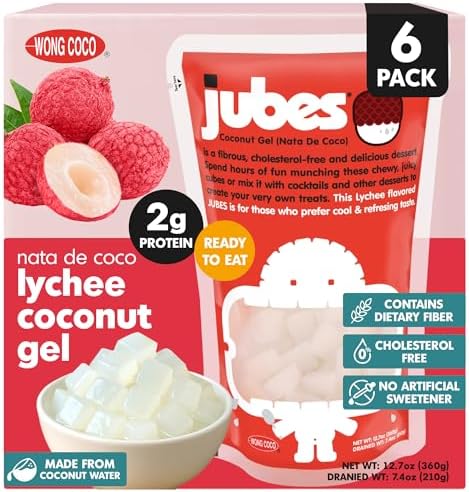 Jubes Lychee Nata De Coco Jelly Cubes (12.7 oz, Pack of 6) - Lychee Coconut Jelly Cubes for Sago - Coconut Gel in Syrup Toppings for Fruit Tea, Boba, Bubble Tea, Drinks, Desserts Yogurt, Ice Cream, Beverage