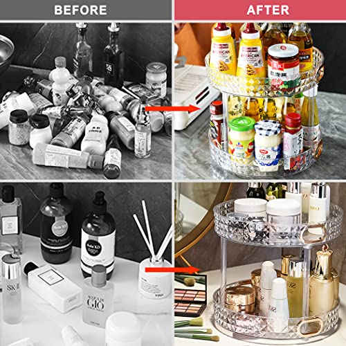Yeavs 2 Tier Lazy Susan, 11 Inch Clear Turntable 360° Rotating Deep Spice Makeup Organizer, Plastic Cosmetic Holder Condiment Rack With Handle For Kitchen Cabinet, Countertop, Bathroom Storage #TOP5