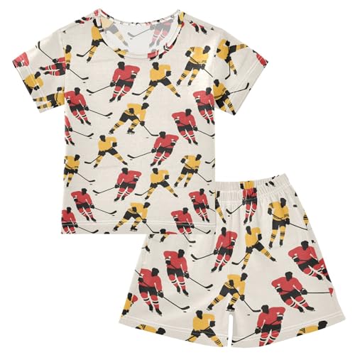 ALAZA Ice Hockey Cartoon Yellow Red Pajamas Short Sleeve 2 Piece Sleepwear Top and Bottom Pajama Set Unisex