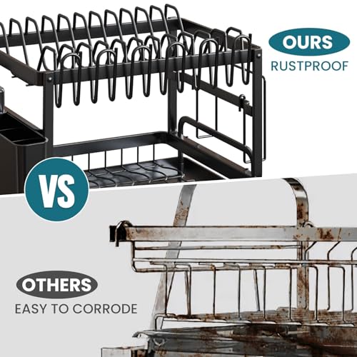 Image of TAILI Dish Drying Rack for Kitchen Counter with Drainboard, Large 2 Tier Dish Rack and Drainboard Set with Cutlery Holder