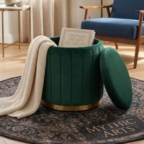 Image of Superior Round Storage Ottoman Stool 13 X 13X 16 inch, with Gold Metal Base | Elegant Pouffe with Secret Storage | Cushioned Footrest for Living Room, Bedroom, and Lounge Dark Green