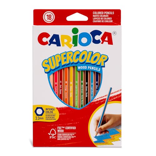 Carioca Supercolor - Confezione da 18 Matite Colorate Esagonali. Colori Assortiti e Intensi, Ideali per Disegnare e Colorare