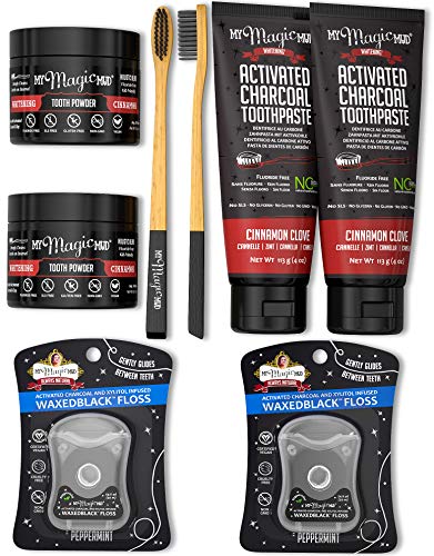 My Magic Mud - Activated Charcoal Duo Teeth Whitening Kit, Toothpaste, Tooth Powder, Bamboo Toothbrush & Floss (Cinnamon Clove)