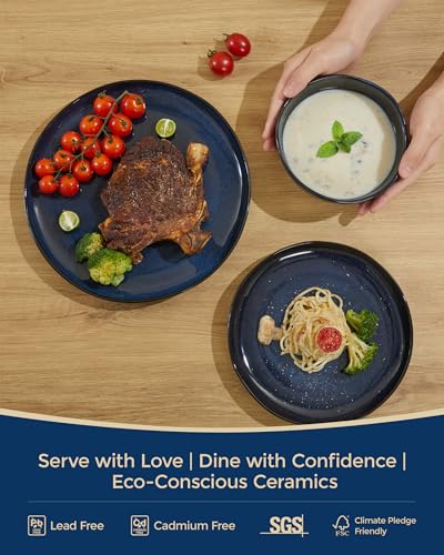 Image of Pokini Ceramic Dinnerware Sets, Microwave Safe Plates and Bowls Sets, Kitchen Dishes Set for 4, Unbreakable & Dishwasher Safe Tableware, Everyday Use, Starry Blue