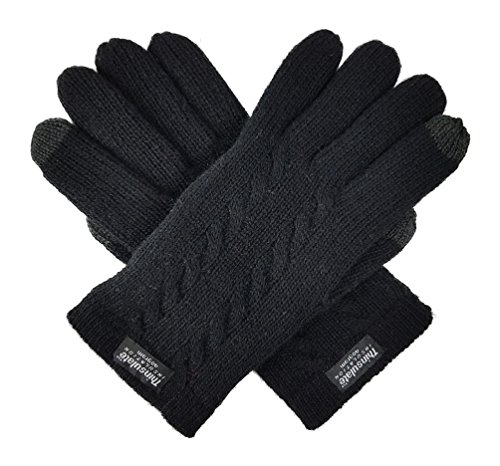 BRUCERIVER Ladie's Pure Wool Knit Gloves with Thinsulate Lining and Cable design Size M (True Black Touchscreen)