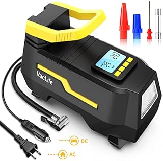 VacLife AC/DC 2-in-1 Tire Inflator - Portable Air Compressor, Air Pump for Car Tires (up to 50 PSI), Electric Bike Pump (up to 150 PSI) w/Auto Shut-Off Function, Model: ATJ-1666, Yellow (VL708)