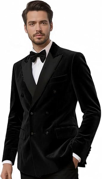 Mens Velvet Blazer Double Breasted Velvet Jacket Casual Sport Coat Slim Fit Tuxedo Jacket for Men Wedding Prom Dinner