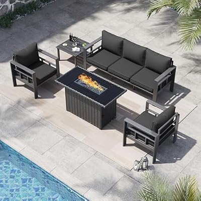 VONZOY 5 Piece Aluminum Patio Furniture Set with 44" Fire Pit Table & Thick Cushions, Aluminum Outdoor Sectional Conversation Set with Coffee Table for Porch, Backyard, Garden(Grey/Dark Grey-2)
