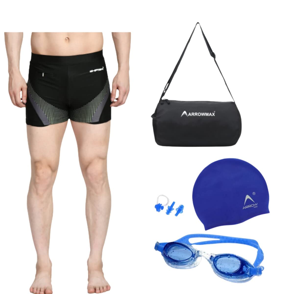 Swimming Costume Trunks Shorts For Men | Anti Fog Swimming Goggles | Silicone Swim Cap For Kids Adults | Earplugs Noseplugs Set Swimming Combo Kit With Carry Duffle Gym Bag-Refer to size chart-image-7