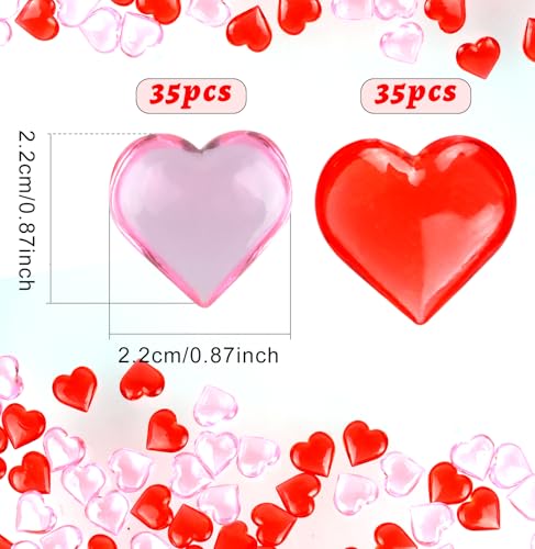 CHRORINE 70 Pcs Acrylic Heart Ornaments Translucent Hearts Shaped Gems Crystals for Table Scatter Decoration/Vase Fillers/Artwork in Valentine or Wedding Party- Red,Pink