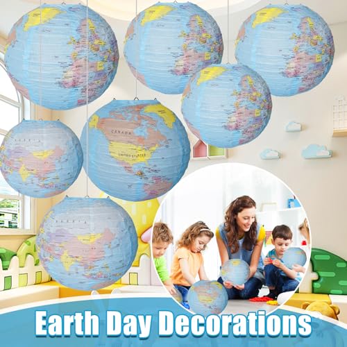 Image of 14 Pcs 10 Inch Globe Hanging Paper Lanterns,World Map Paper Lanterns,Around The World Earth Day Decorations,Travel Map Globe Theme Party Decorations for Home Classroom Earth Theme Party Decor