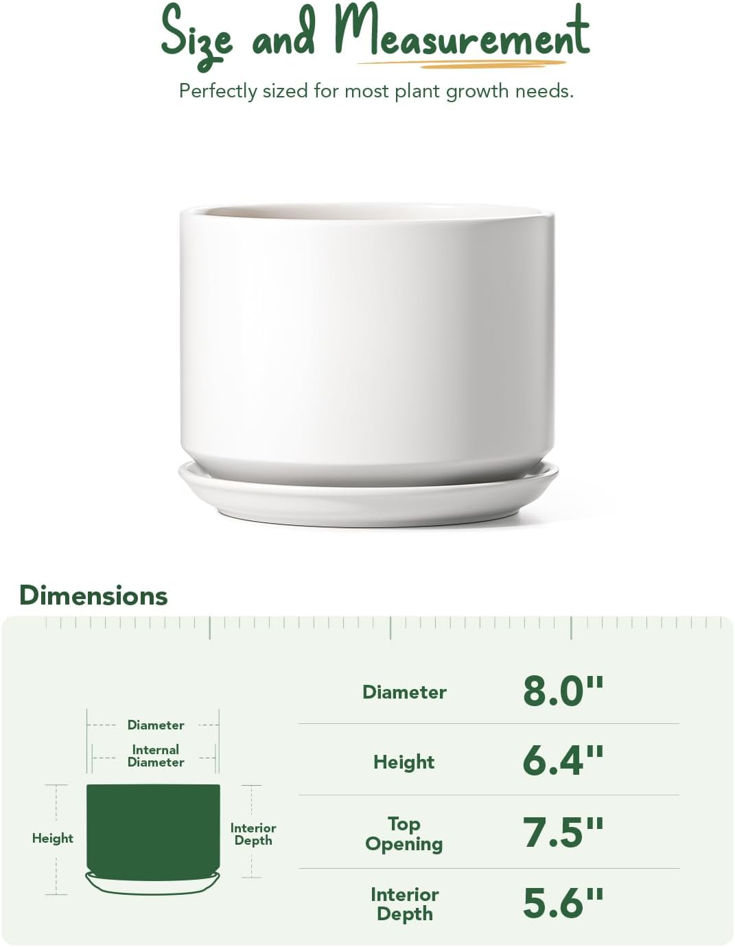 LE TAUCI Ceramic Pots for Plants, 8 Inch Plant Pot with Drainage Hole & Saucer, Modern Minimalist Planters for Indoor Plants, Round Flower Pot for Snake Plant, Monstera, Perfect for Home Decor, White