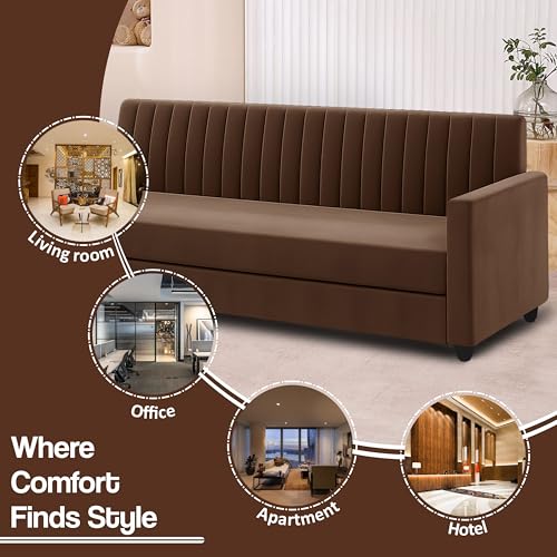 Image of 3+2 Fabric Sofa Set with Ottoman for Living Room | Modern Upholstered 5-Seater Couch | Soft Cushion, Premium Velvet Fabric-Brown