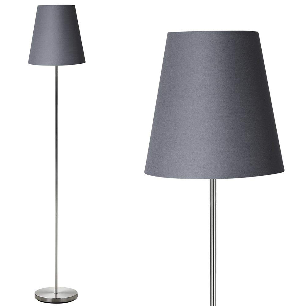 BAKAJI Lámpara de pie de suelo luz bombilla E27 Max 60 W base redonda de metal cromado pantalla de tela diseño moderno encendido a pedal altura 150 cm (gris)